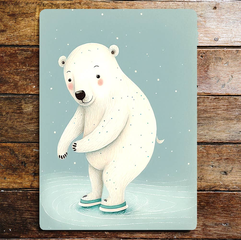 Cute Happy Polar Bear Ice Skating Snowing | Metal Sign Plaque