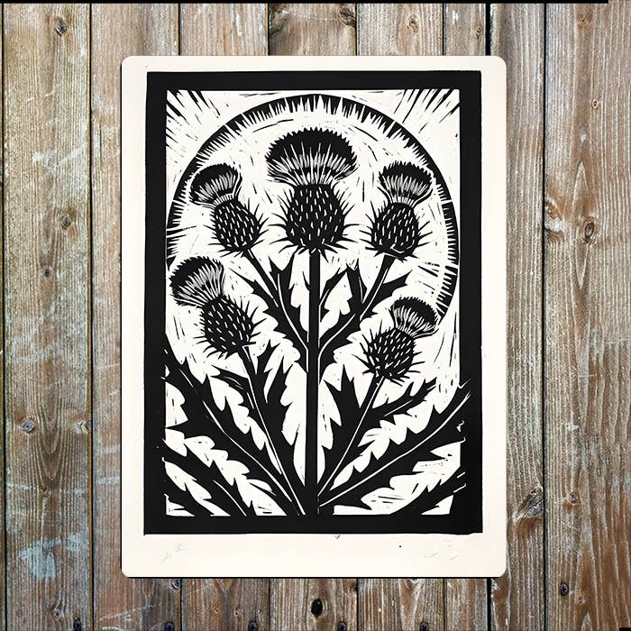 Scotch Thistles Linocut Style Metal Sign Plaque