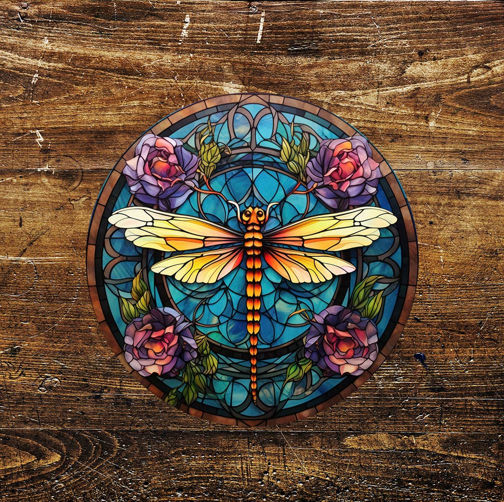 Dragonfly Stained Glass Mural affect Metal Sign Circle