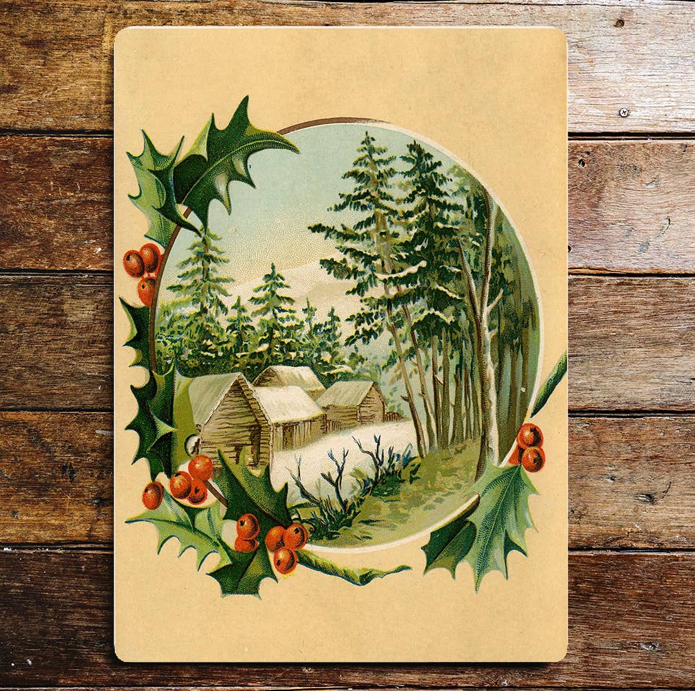 Vintage Winter village Cabin snow Wall | Metal Sign Plaque