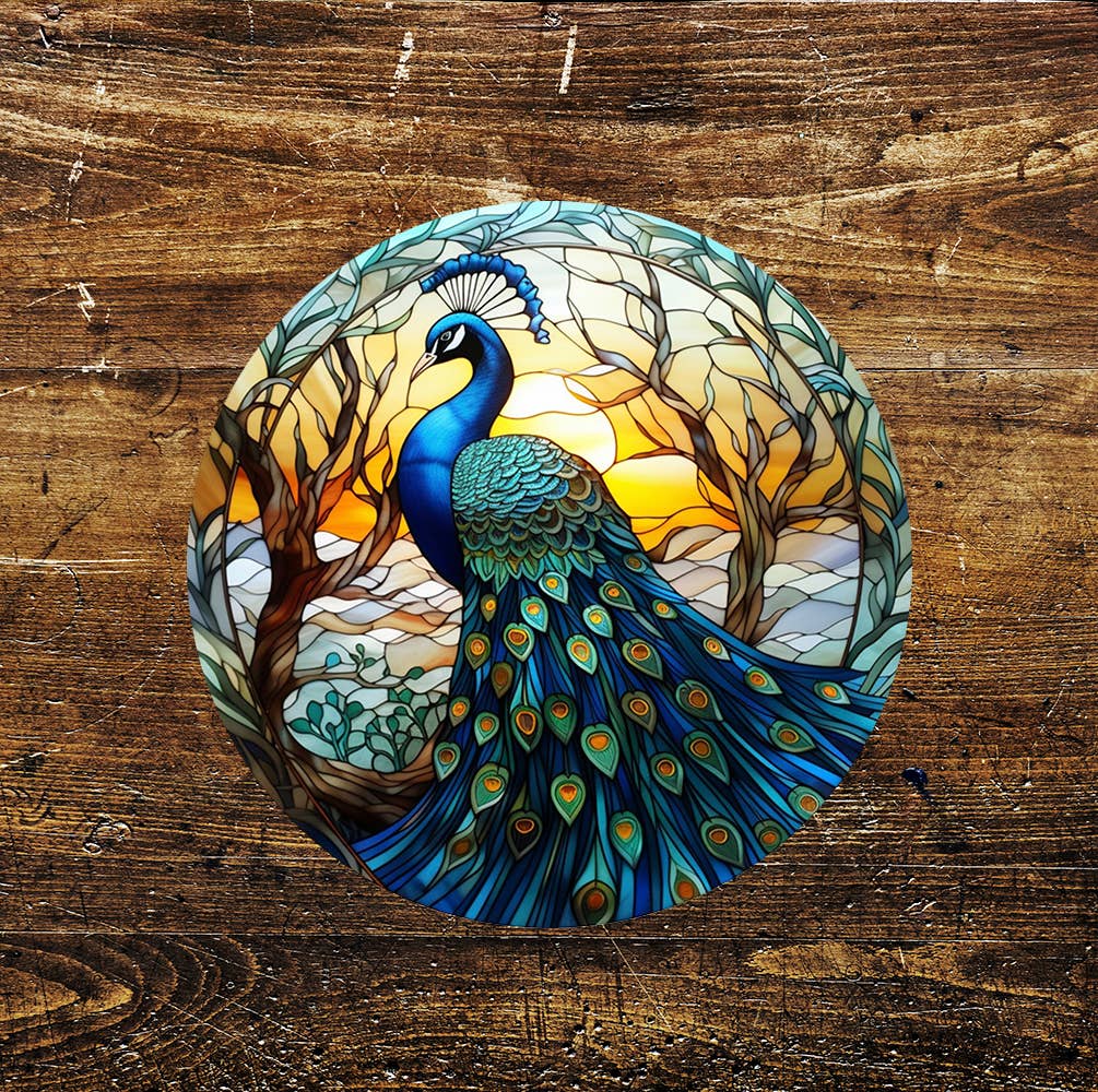Peacock Sunset Stained Glass affect Circle Metal Sign