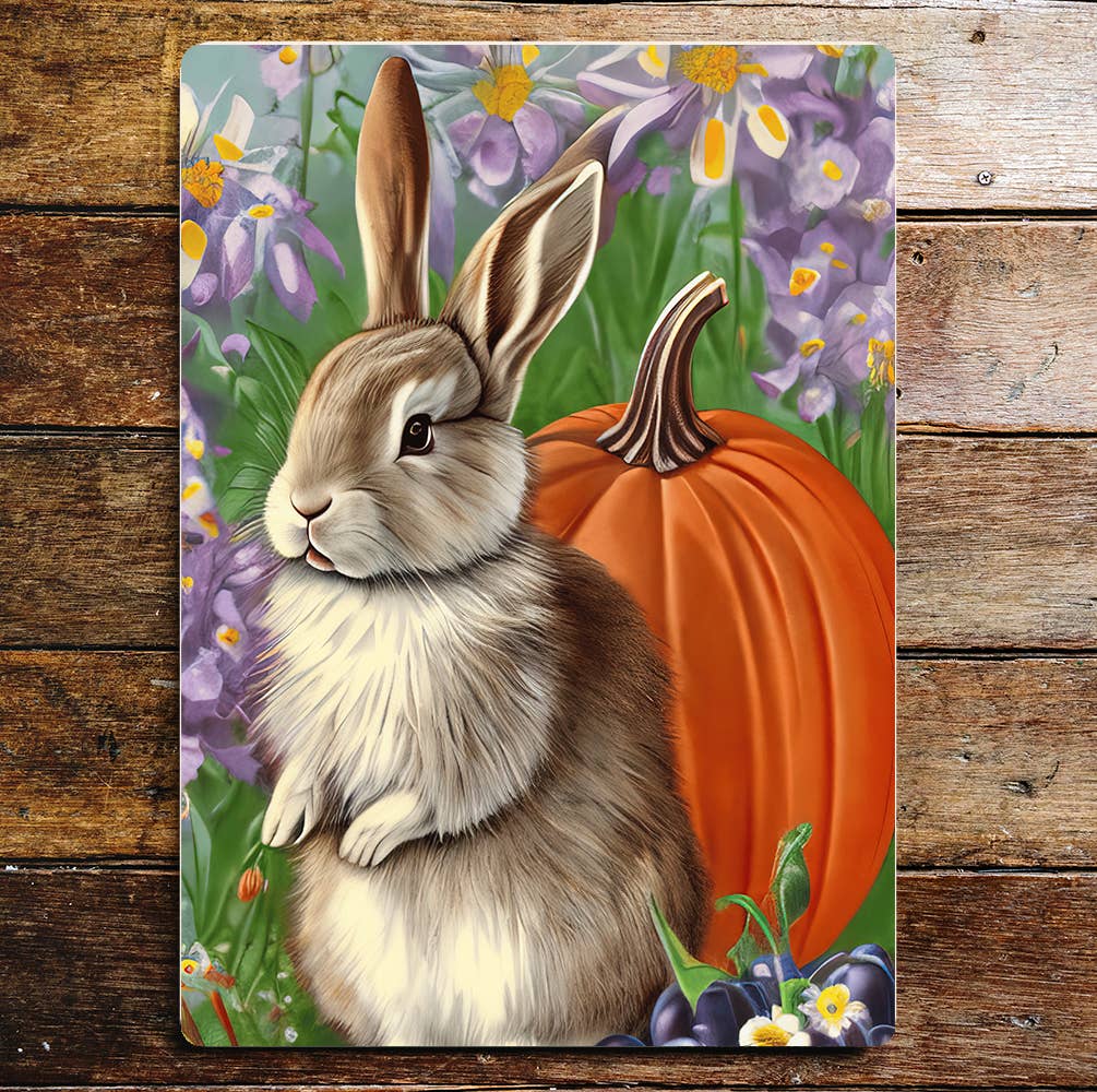 Rabbit Pumpkin Purple Flowers Metal Sign Plaque