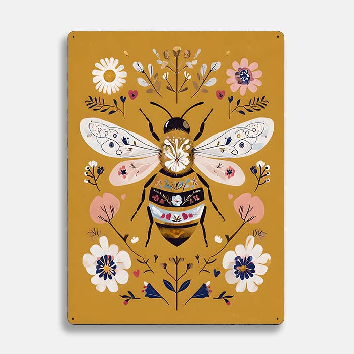 Bee Botanical Flowers scandinavian folk | Metal Sign Plaque