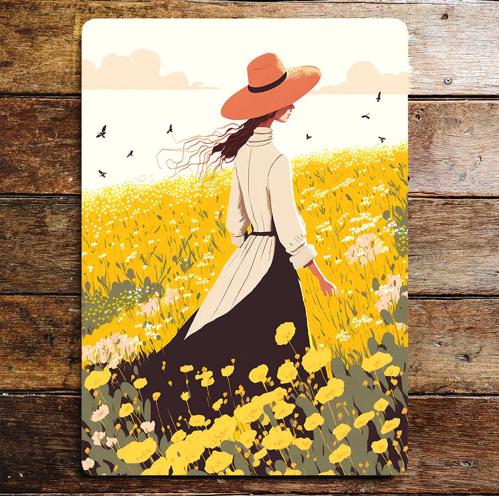 Girl In Hat Yellow Flower Fields Birds | Metal Sign Plaque