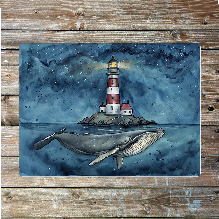 Watercolor Whale Lighthouse Sea Nautical | Metal Sign Plaque
