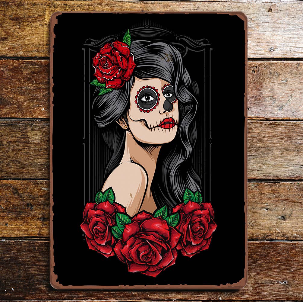 day of the dead lady skull roses | Metal Wall Sign