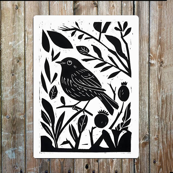 Robin Bird Linocut Style Metal Sign Plaque