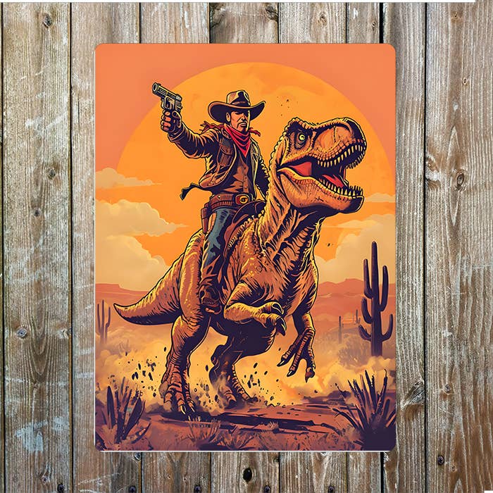 Tyrannosaurus Rex Riding Cowboy Western | Metal Sign Plaque