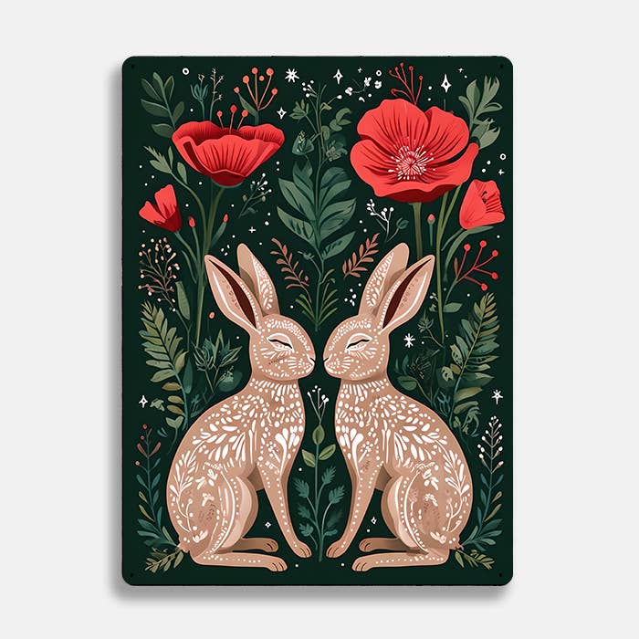 Rabbit Hares Poppies scandinavian folk Metal Sign Plaque