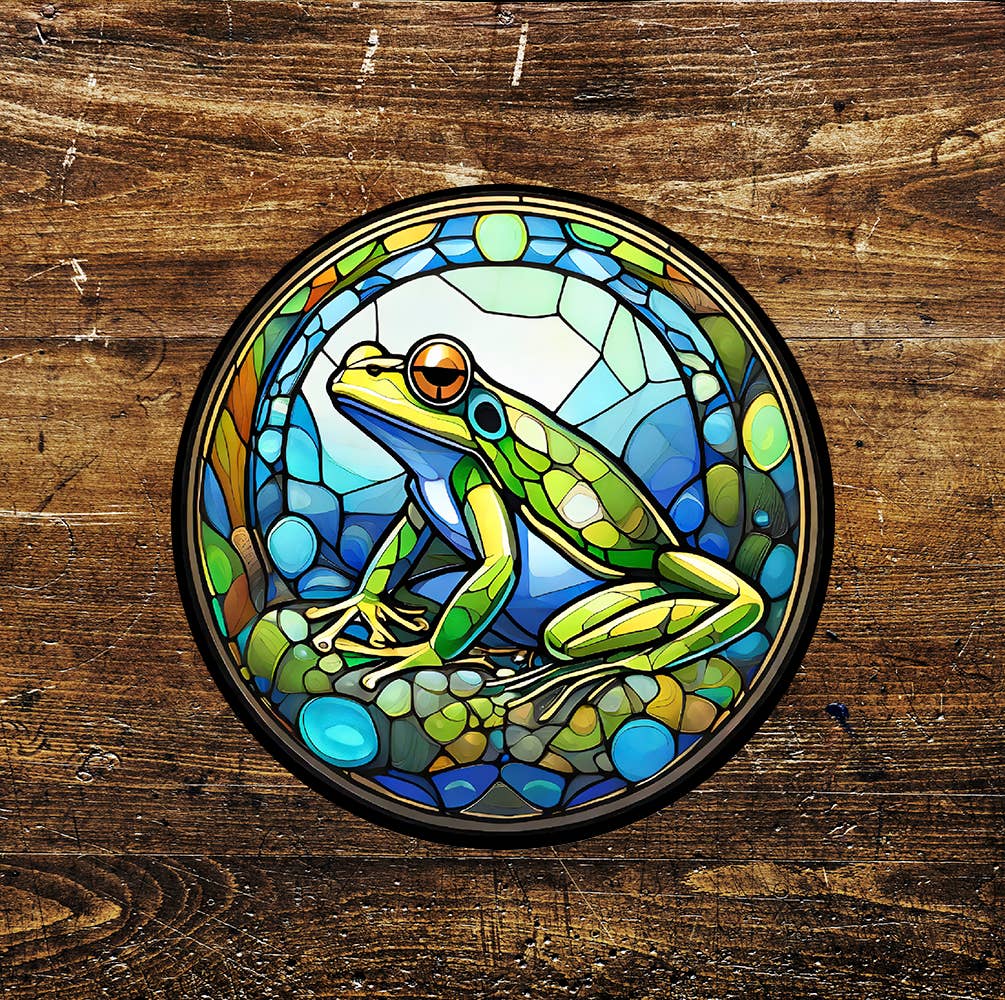 Frog sideways Stained Glass affect Circle Metal Sign