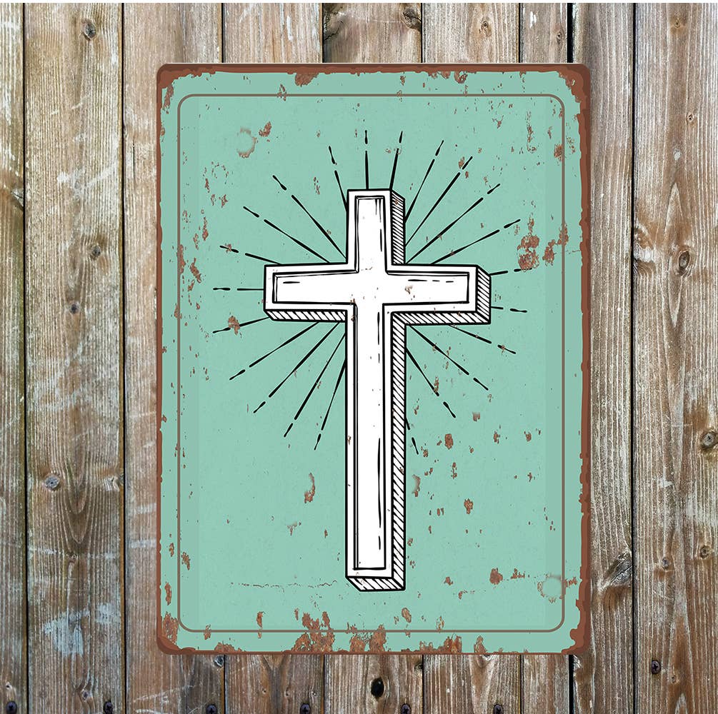 Green and White Church Cross | Metal Sign Plaque