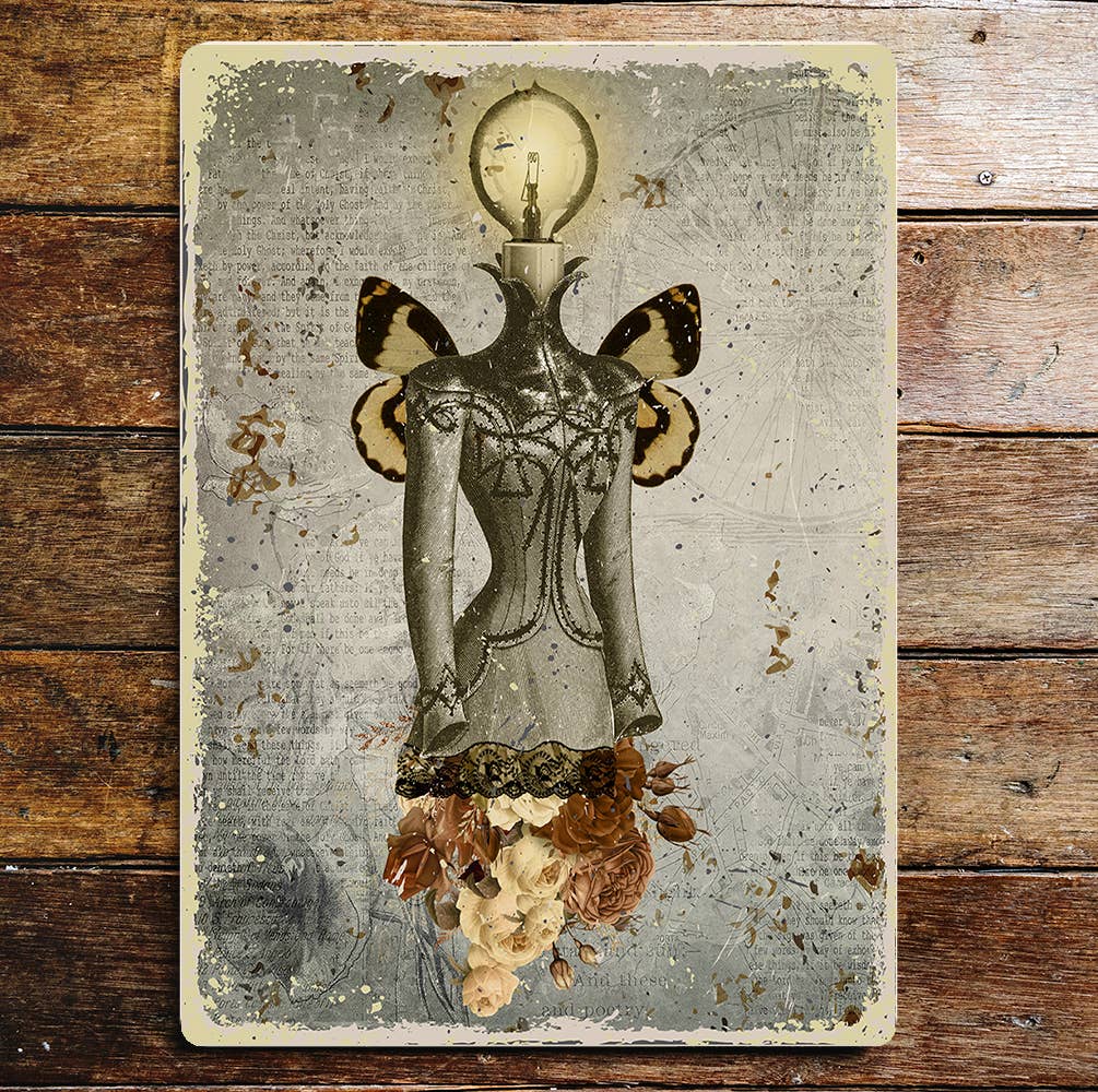Vintage Body Bust Flowers Candle Wings | Metal Sign Plaque