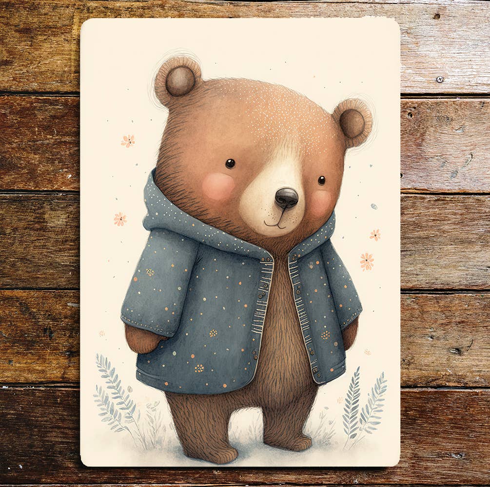 Cute Baby Bear Blue Spotty Coat Flowers | Metal Sign Plaque