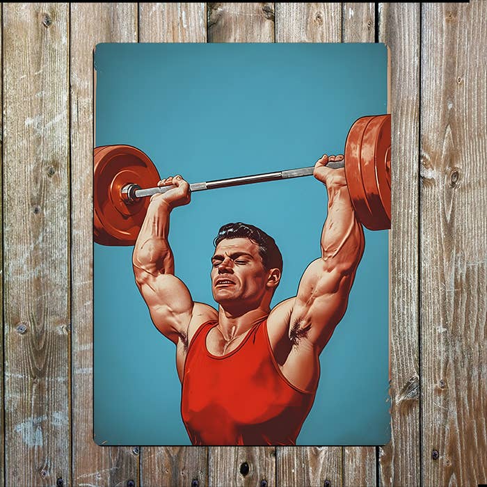 Gym Bodybuilder Man Barbell Retro | Metal Sign Plaque