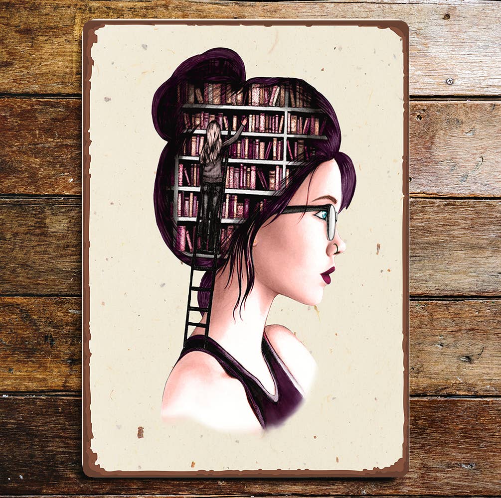 Pin Up Girl Bun Glasses Brain Library Metal Sign Plaque