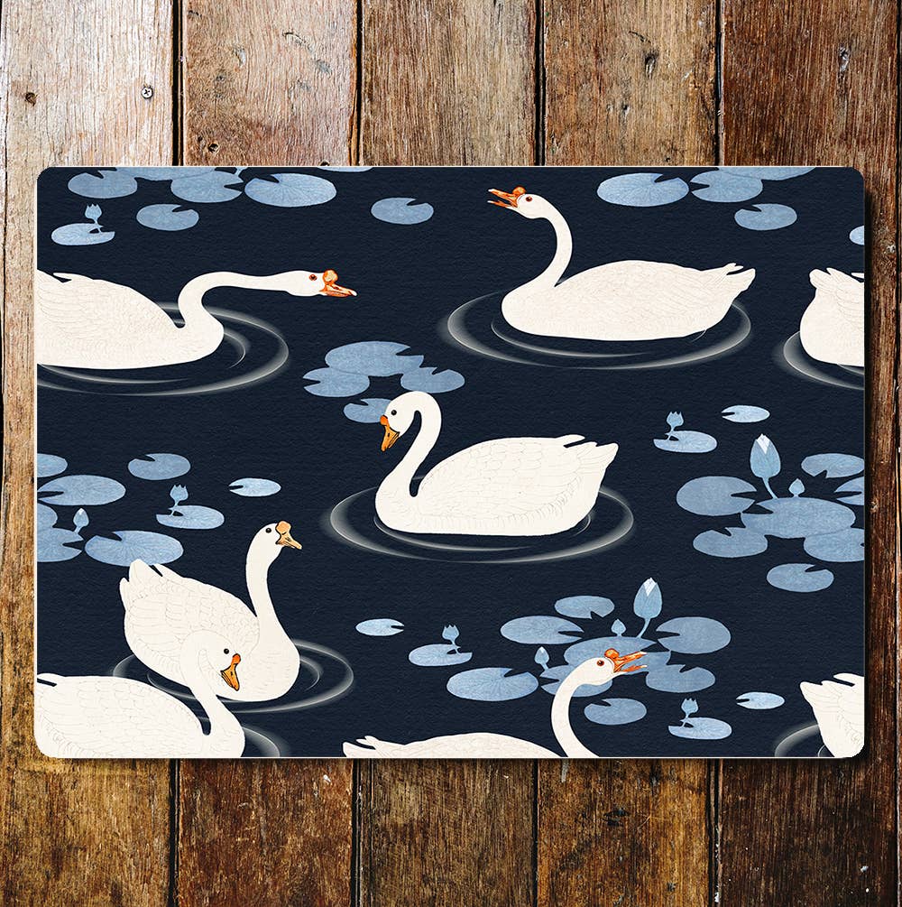 Swimming Swans Lily Pads Blue And White Metal Sign Plaque