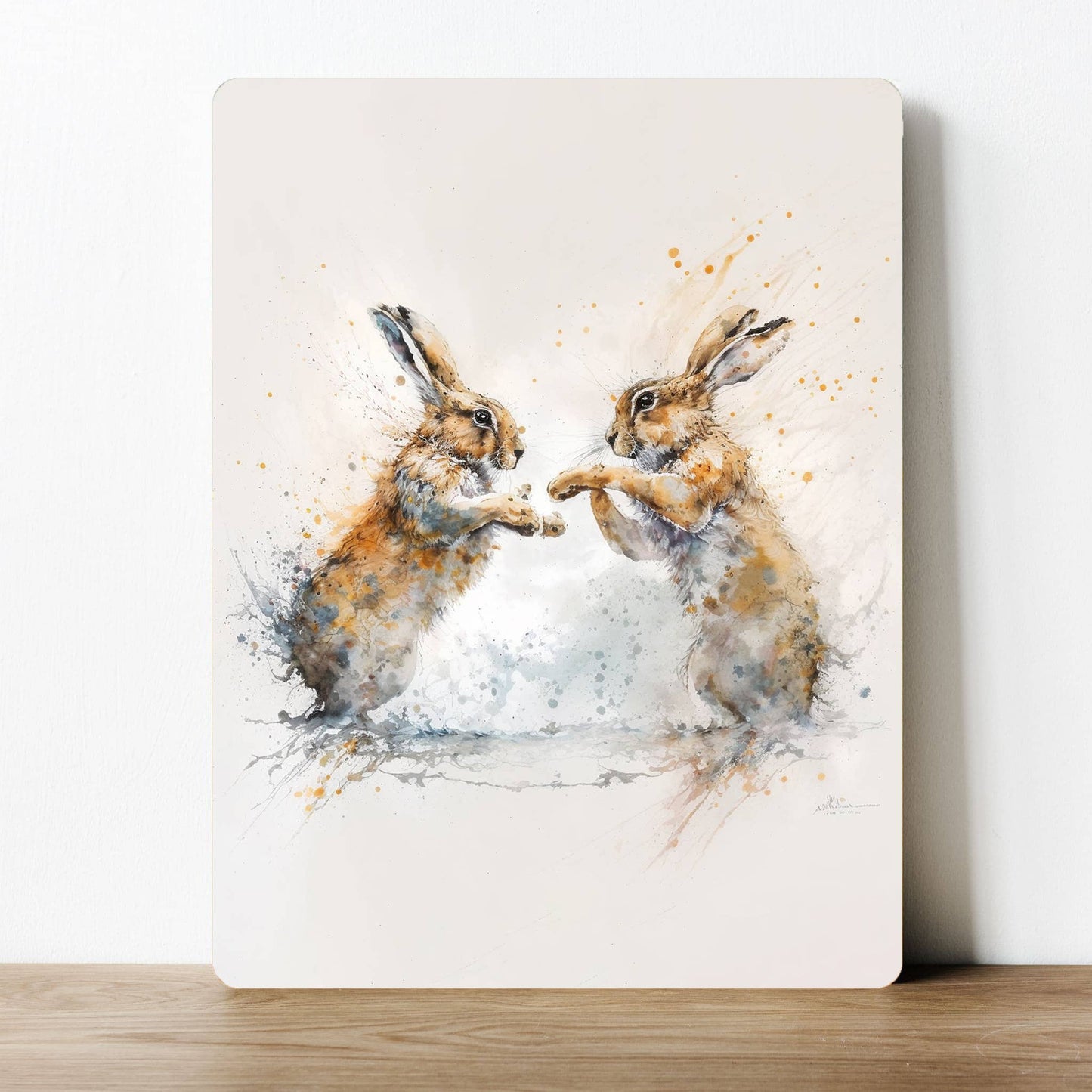 Two rabbits Hares fighting Watercolour | Metal Sign Plaque