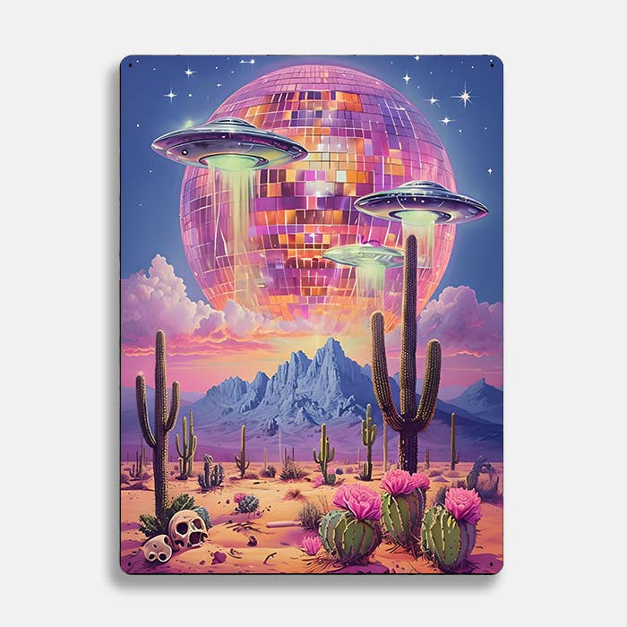 Vibrant Retro Desert Landscape UFO Alien | Metal Sign Plaque