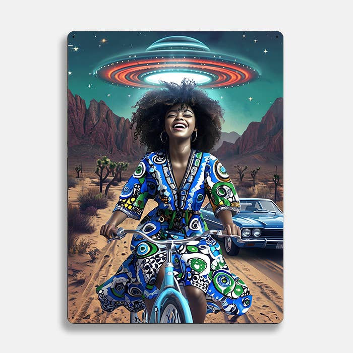 Woman Riding Bicycle In Desert UFO Alien | Metal Sign Plaque