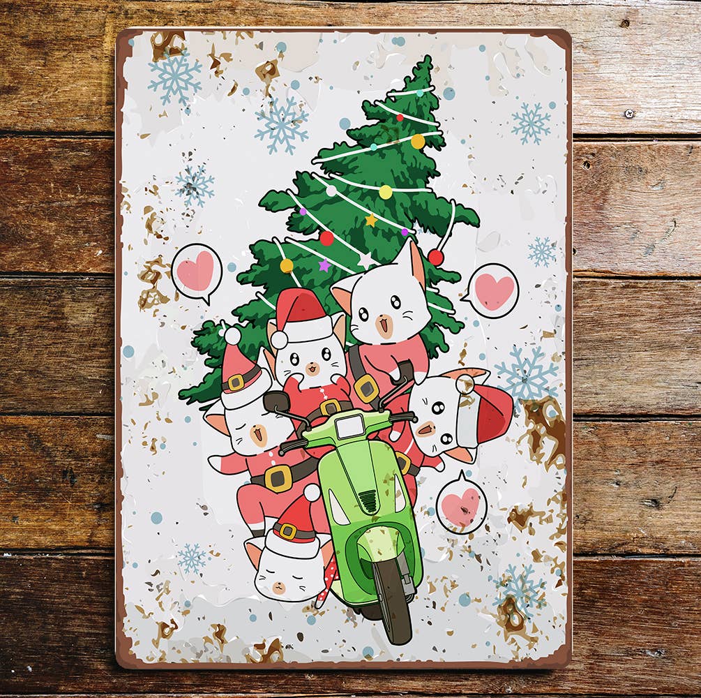 Santa Cat's Motorbike Tree Christmas Metal Sign