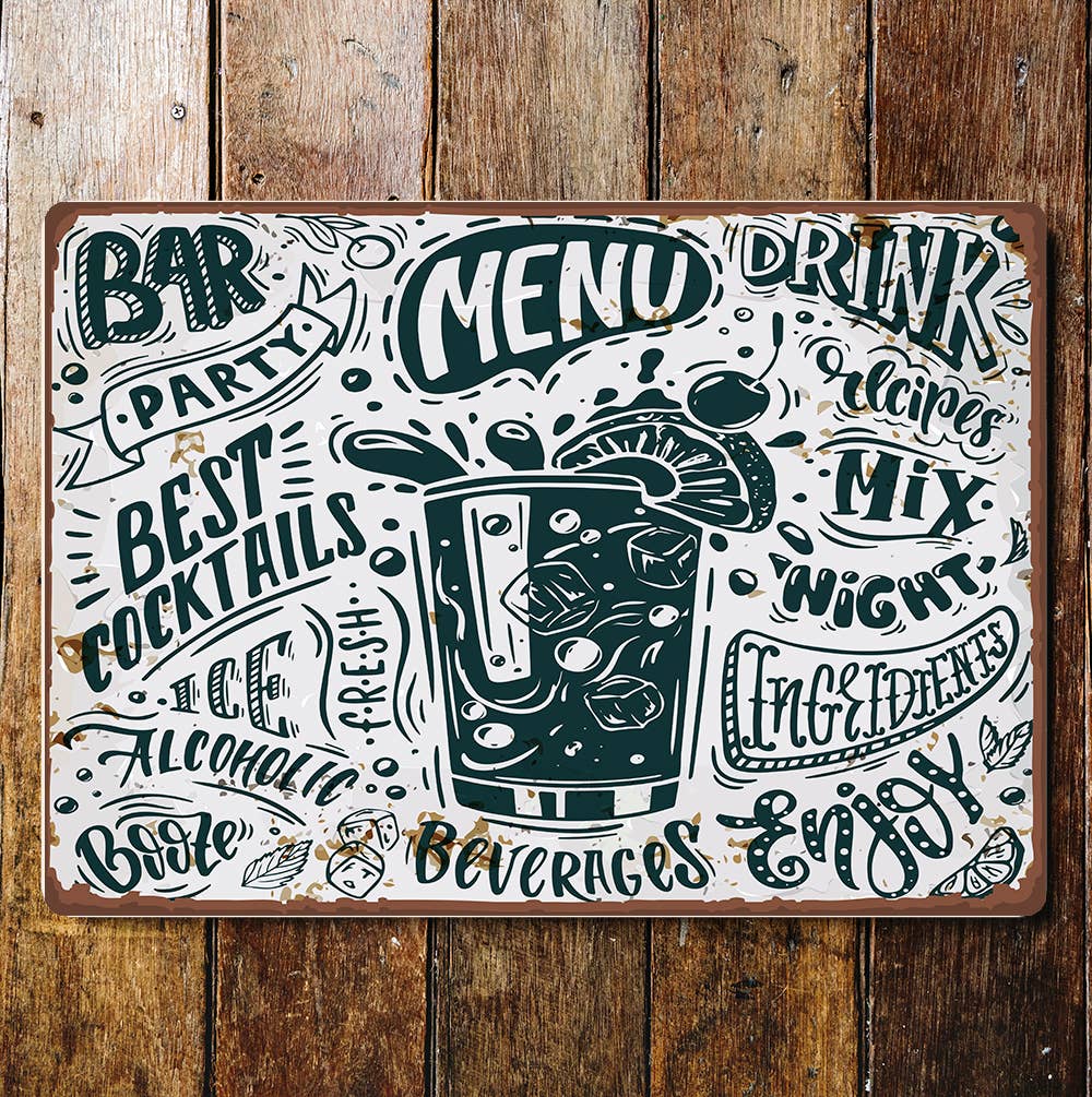 Menu Drinks Alcohol Enjoy Bar Cocktails | Metal Wall Sign