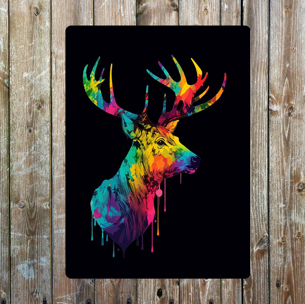 Colourful Deer Head Paint Dripping | Metal Sign Plaque
