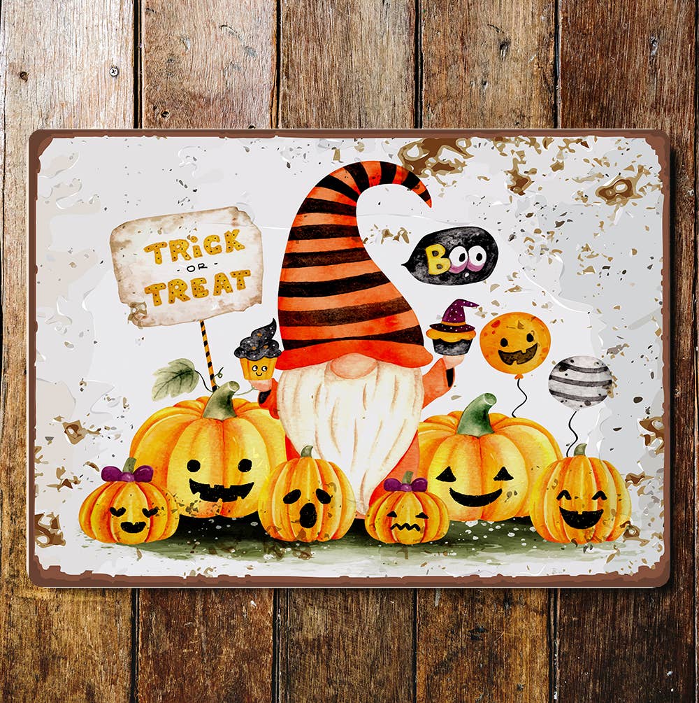 Halloween pumpkin trick treat gnome | Metal Wall Sign Plaque