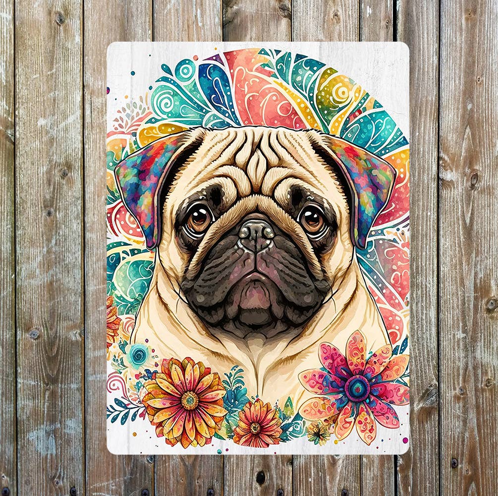 Colourful Pug Floral | Metal Sign Plaque