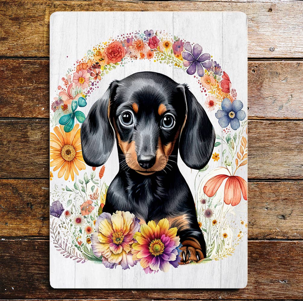 Dachshund Puppy In Flowers Art | Metal Sign Plaque
