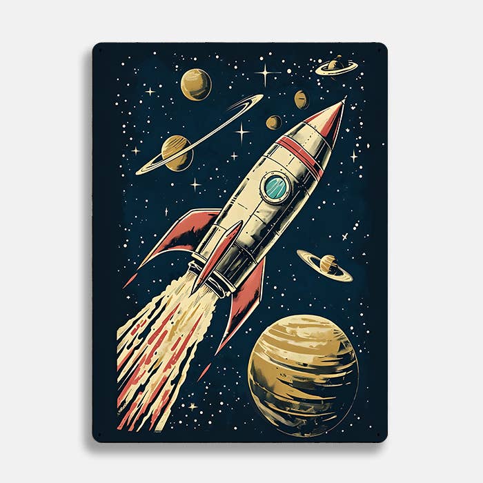 Retro Space Ship Space Rocket UFO Alien Metal Sign Plaque