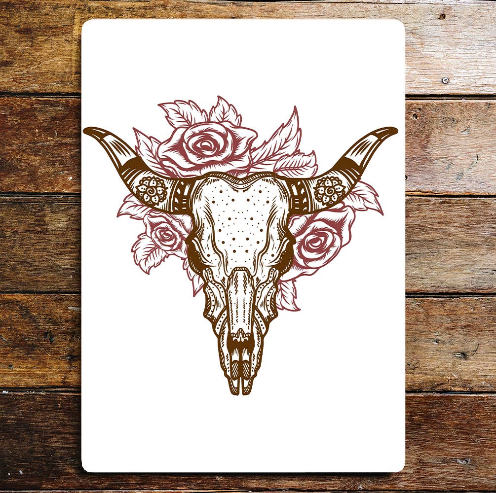 Skull Bull Horns Roses Metal Wall Sign