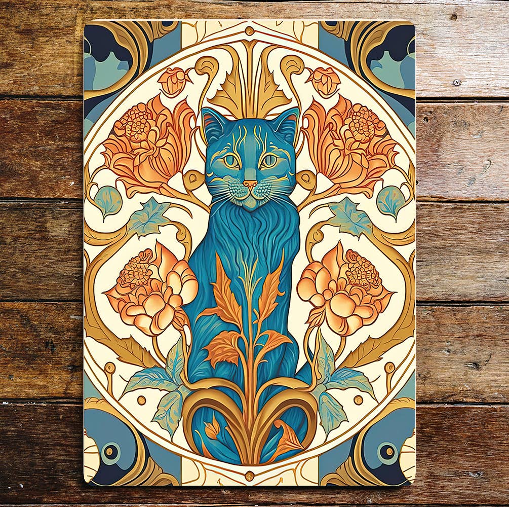 Art Nouveau cats blue pattern | Metal Sign plaque
