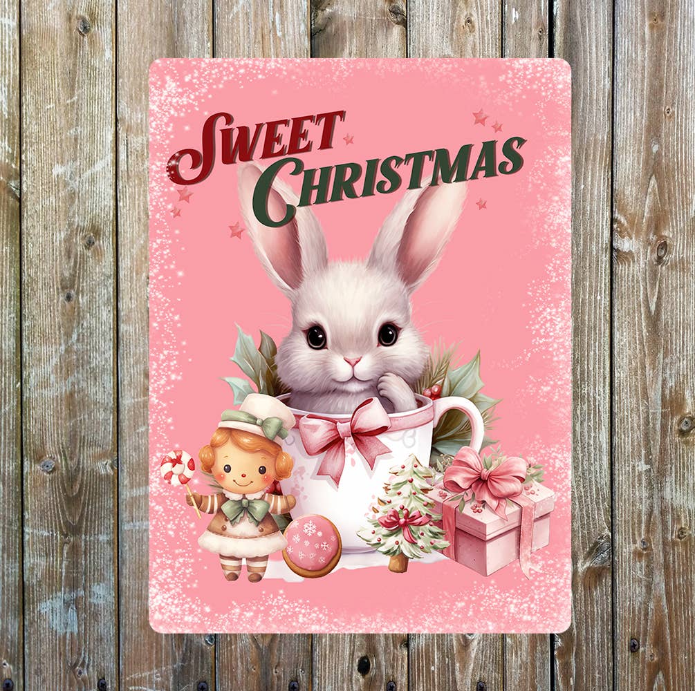 Sweet Christmas Bunny Rabbit Pink Metal Sign Plaque