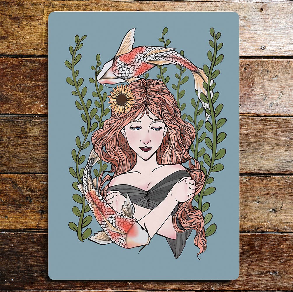 Mermaid Pink Coi Carp Fish Reeds | Metal Sign plaque