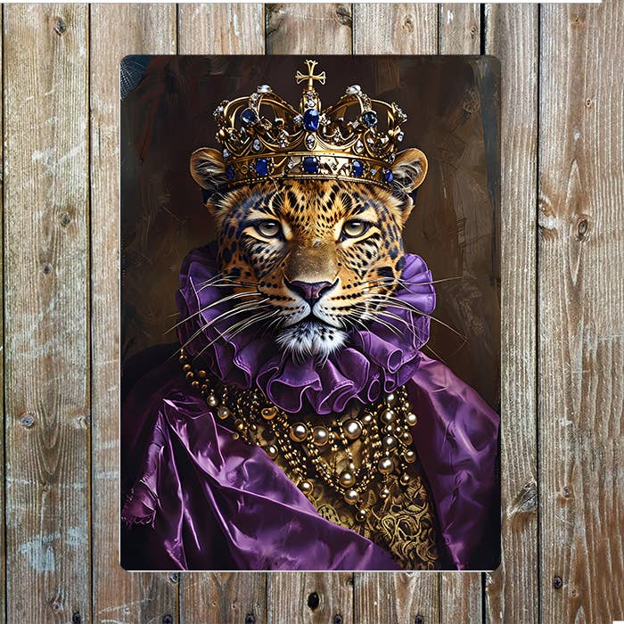 Leopard Portrait With Golden Crown | Metal Sign Plaque