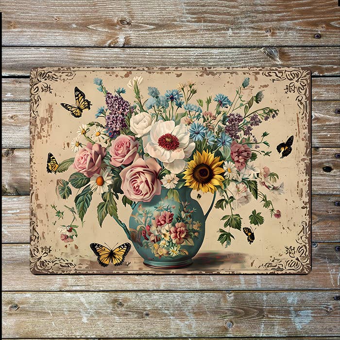 Vintage Floral Teal Jug with Butterflies | Metal Sign Plaque