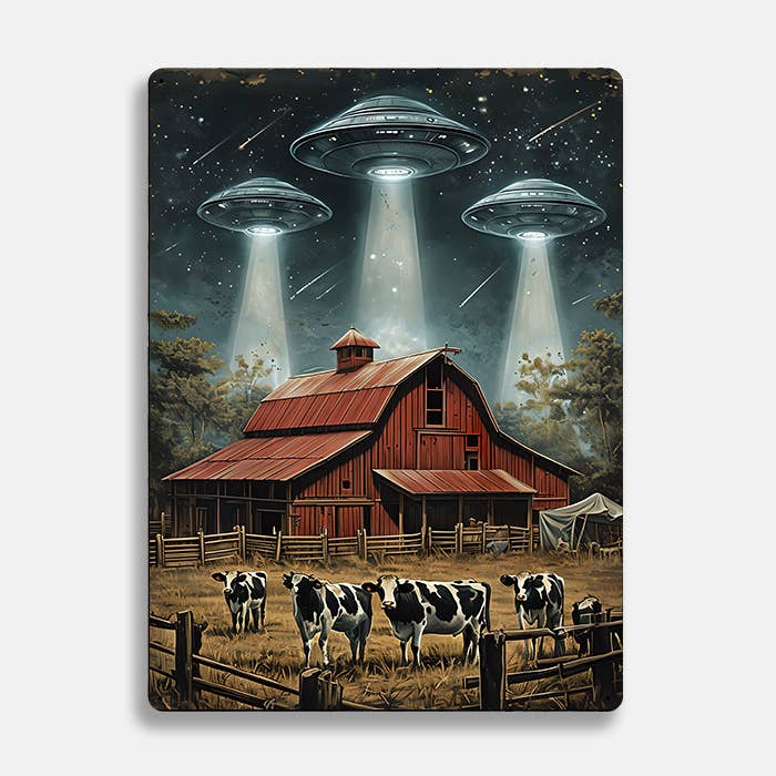 Barn Farm Cows UFO Alien | Metal Sign Plaque