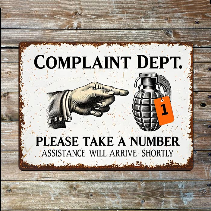 Vintage Complaint Department, Grenade | Metal Sign Plaque