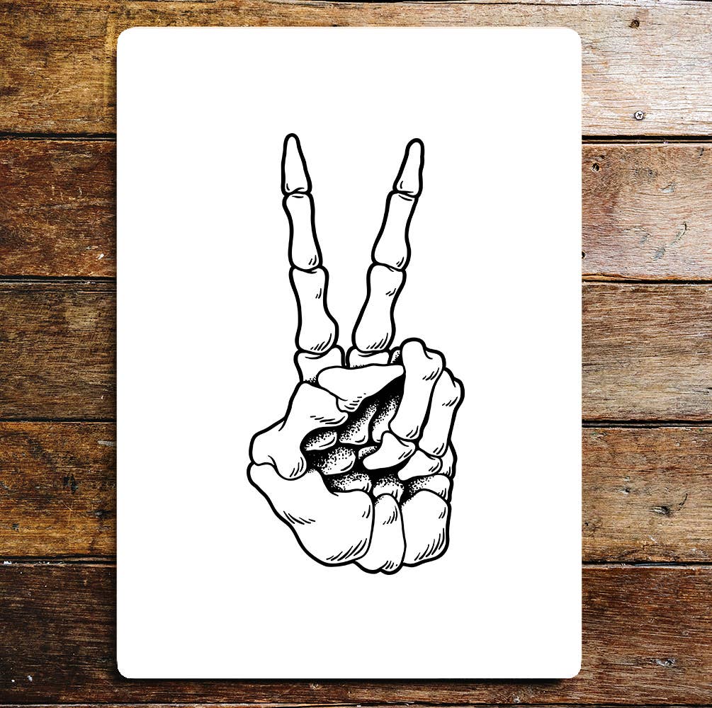 Skeleton Fingers Peace Sign Metal Wall Sign