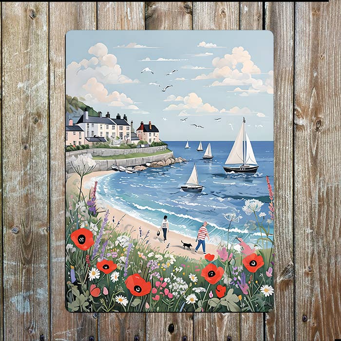 Vibrant Beach Coast Town Sea Nautical | Metal Sign Plaque