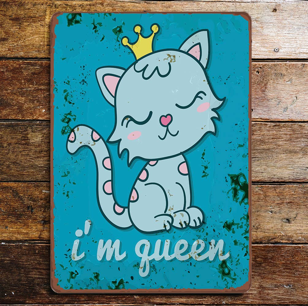 i'm queen cat crown blue | Metal Wall Sign Plaque
