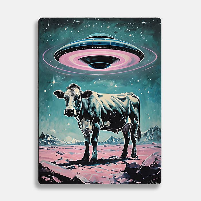 A Cow In An Alien Landscape UFO | Metal Sign Plaque