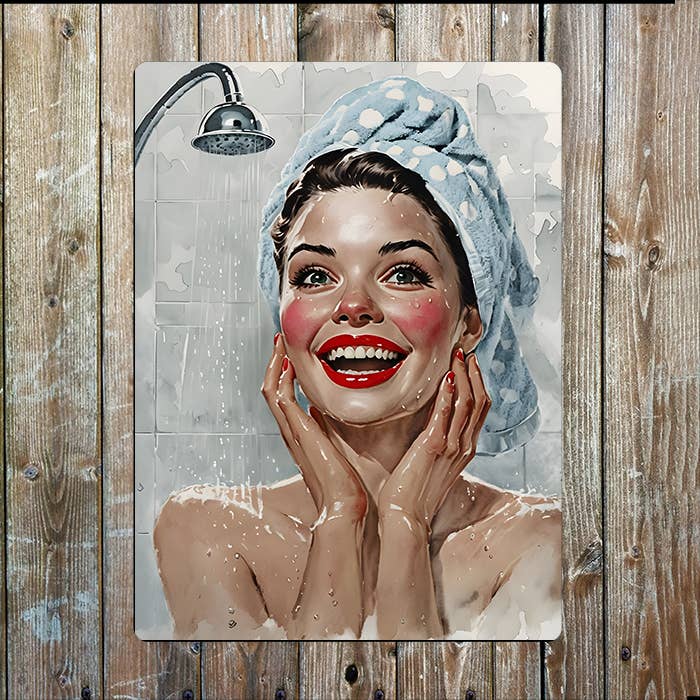 Women In Shower Cap Bathroom Vintage Retro | Metal Sign Plaque