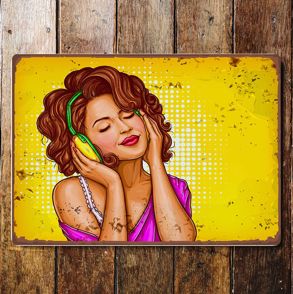 pop art headphones music Metal Wall Sign