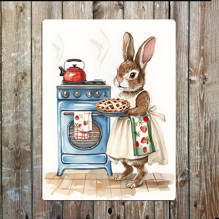 Brown Rabbit Baking Pie Watercolour Spring | Metal Sign Plaque