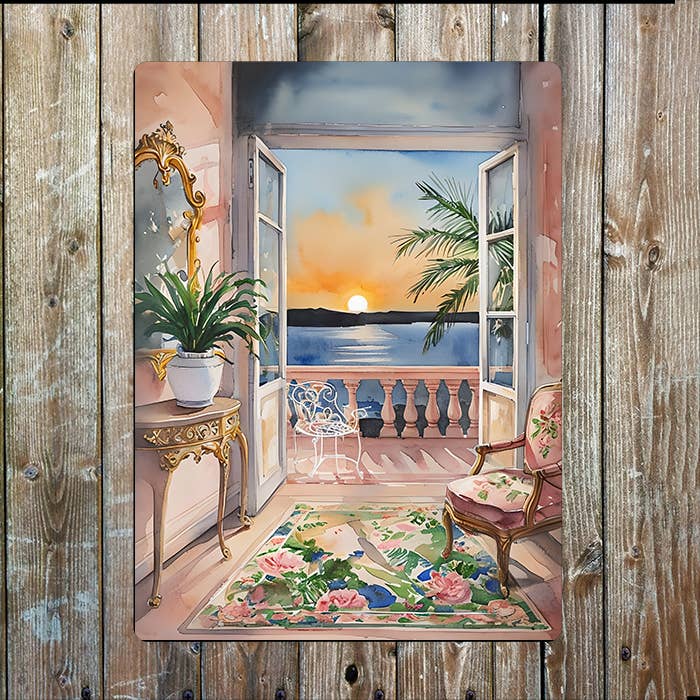 Vibrant Sunset Balcony | Watercolour | Metal Sign Plaque