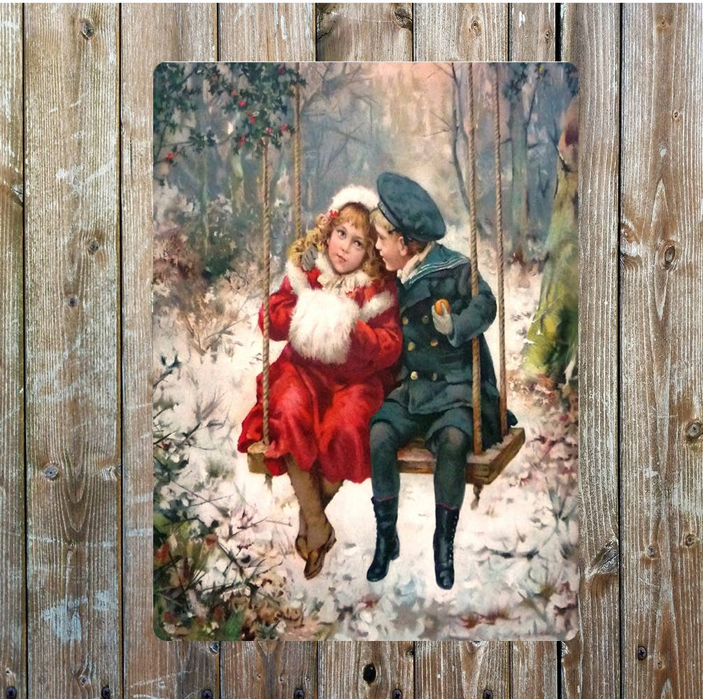 Christmas Children Swing snow Scene | Metal Sign Plaque