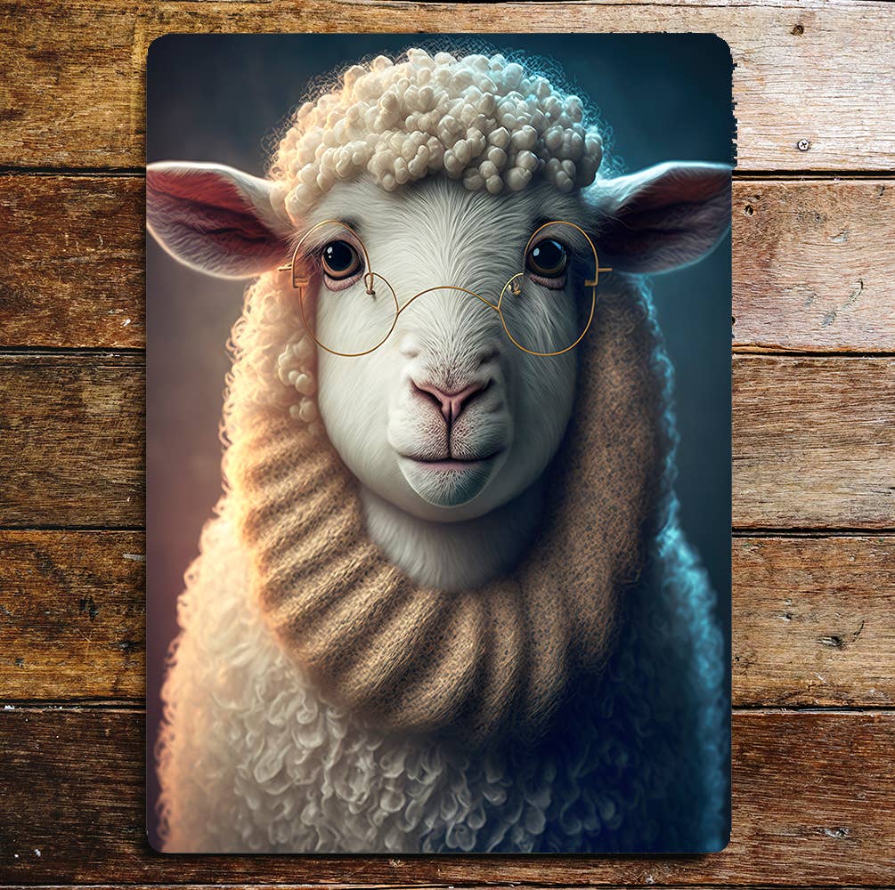 Sheep Female Glasses Portrait Head Scarf Metal Sign Plaque