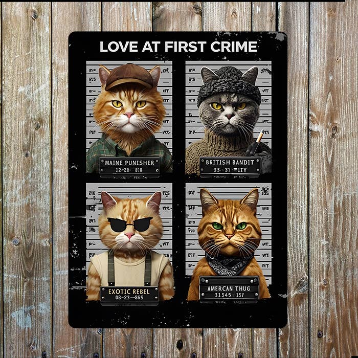 Mugshot Style Four Cats Criminals | Metal Sign Plaque