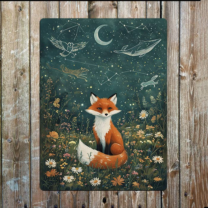 Fox Magical Wildflowers Star Sky | Metal Sign Plaque